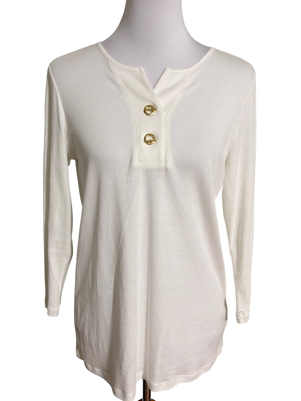Anne Klein White Long-Sleeve Henley with Gold Buttons